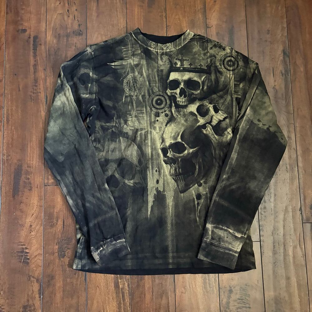 Xtreme Couture by Affliction Deaths Grin Longsleeve Shirt Mens L Black Y2K Emo